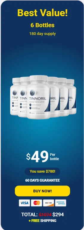 Tinnoril 6-bottle best value package — 180-day supply with free shipping and biggest savings